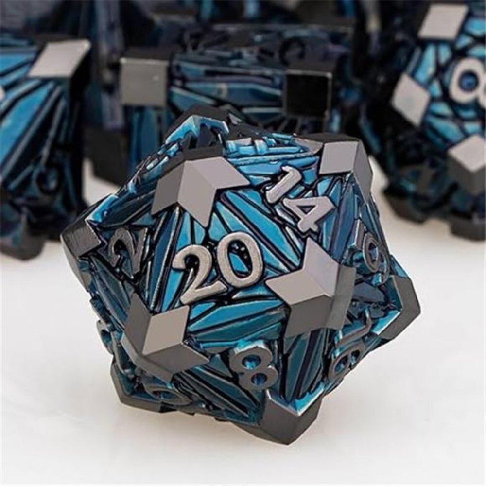 7PCS Metal DND Dice Set Black Blue D&D Dice with Box, Debris RPG D and D Dice